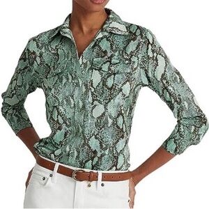 Lauren Ralph Lauren Small Satin Charmeuse Blouse Turquoise Snakeskin Print NWT